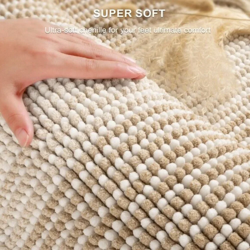 New 2-Piece Beige Bath Rug Set, Absorbent Non-Slip Chenille Mats for Bathroom